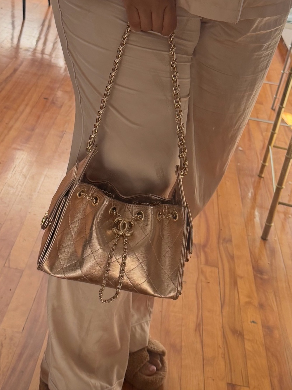 CHANEL Metallic Bronze Quilted Drawstring Shoulder Bag